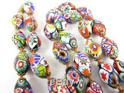 Vintage Venetian Murano Millefiori Art Glass Oval Bead Long Necklace 28