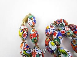 Vintage Venetian Murano Millefiori Art Glass Oval Bead Long Necklace 28