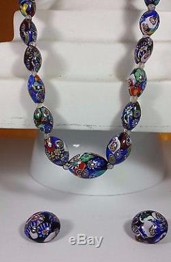 Vintage Venetian Murano Millefiori Glass Bead Long Necklace & Earrings
