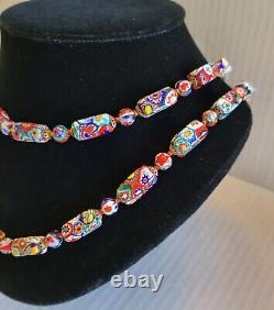 Vintage Venetian Murano Millefiori Glass Beaded Long Necklace Rectangle Round