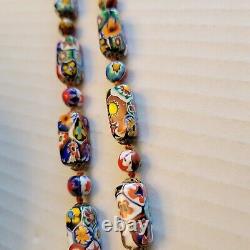 Vintage Venetian Murano Millefiori Glass Beaded Long Necklace Rectangle Round