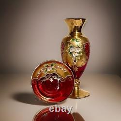 Vintage Venetian Murano Ruby Red Glass Vase & Bowl Set Gold Gilt Enamel 1960s