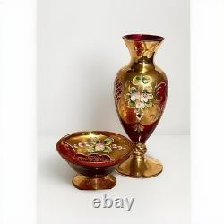 Vintage Venetian Murano Ruby Red Glass Vase & Bowl Set Gold Gilt Enamel 1960s