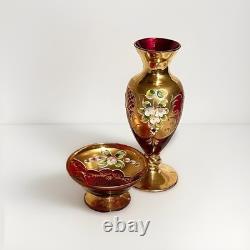 Vintage Venetian Murano Ruby Red Glass Vase & Bowl Set Gold Gilt Enamel 1960s