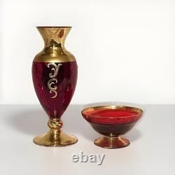 Vintage Venetian Murano Ruby Red Glass Vase & Bowl Set Gold Gilt Enamel 1960s