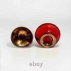 Vintage Venetian Murano Ruby Red Glass Vase & Bowl Set Gold Gilt Enamel 1960s