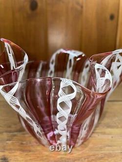Vintage Venetian Murano Venini Lattacino Pink White Glass Handkerchief Vase WOW