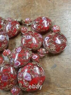 Vintage Venetian Murano Wedding Cake Red Glass Flat Disc Bead Necklace
