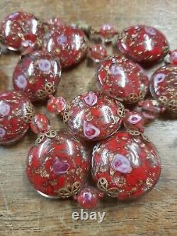 Vintage Venetian Murano Wedding Cake Red Glass Flat Disc Bead Necklace