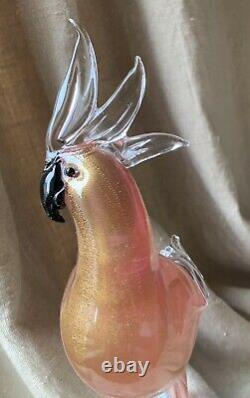 Vintage Venetian Pink Gold Fleck Murano Art Glass Parrot Cockatoo Bird, Italy LG