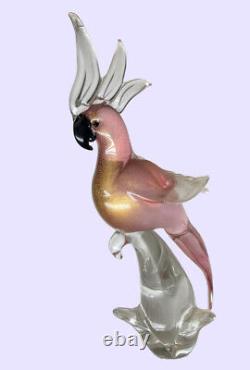 Vintage Venetian Pink GoldFleck Murano Art Glass Parrot Cockatoo Bird Italy 17in