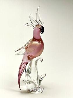 Vintage Venetian Pink GoldFleck Murano Art Glass Parrot Cockatoo Bird Italy 17in