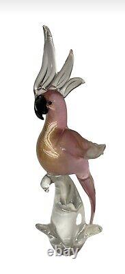 Vintage Venetian Pink GoldFleck Murano Art Glass Parrot Cockatoo Bird Italy 17in