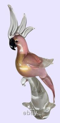 Vintage Venetian Pink GoldFleck Murano Art Glass Parrot Cockatoo Bird Italy 17in