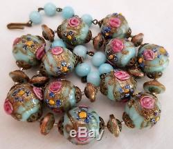 Vintage Venetian Wedding Cake Art Glass Bead Necklace Blue Pink Roses Murano