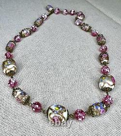 Vintage Venetian Wedding Cake Pink Roses Murano Glass Bead Copper Link Necklace