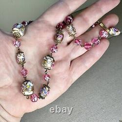 Vintage Venetian Wedding Cake Pink Roses Murano Glass Bead Copper Link Necklace