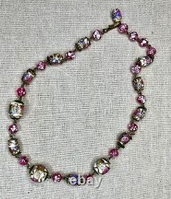 Vintage Venetian Wedding Cake Pink Roses Murano Glass Bead Copper Link Necklace