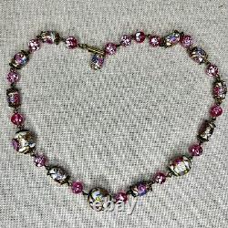 Vintage Venetian Wedding Cake Pink Roses Murano Glass Bead Copper Link Necklace