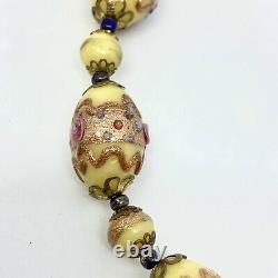Vintage Venetian Wedding Cake Yellow Pink Murano Glass bead 17 Necklace