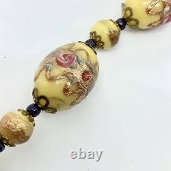 Vintage Venetian Wedding Cake Yellow Pink Murano Glass bead 17 Necklace
