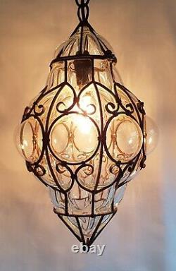 Vintage Wrought Iron Caged Murano Glass Ceiling Light Mouth Blown Glass