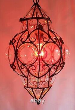 Vintage Wrought Iron Caged Murano Glass Ceiling Light Mouth Blown Glass