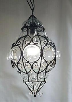 Vintage Wrought Iron Caged Murano Glass Ceiling Light Mouth Blown Glass