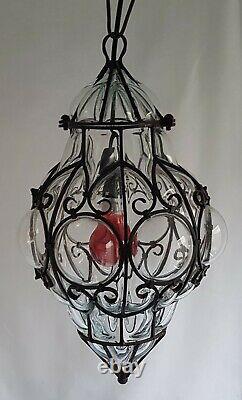 Vintage Wrought Iron Caged Murano Glass Ceiling Light Mouth Blown Glass