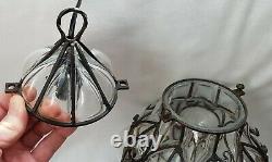 Vintage Wrought Iron Caged Murano Glass Ceiling Light Mouth Blown Glass