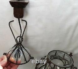 Vintage Wrought Iron Caged Murano Glass Ceiling Light Mouth Blown Glass