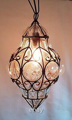 Vintage Wrought Iron Caged Murano Glass Ceiling Light Mouth Blown Glass