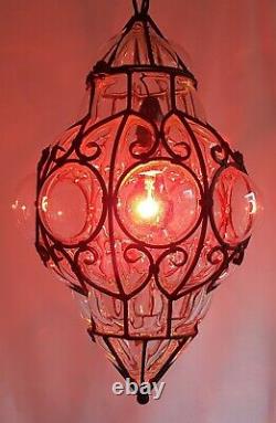 Vintage Wrought Iron Caged Murano Glass Ceiling Light Mouth Blown Glass