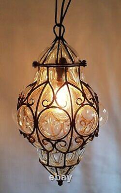 Vintage Wrought Iron Caged Murano Glass Ceiling Light Mouth Blown Glass