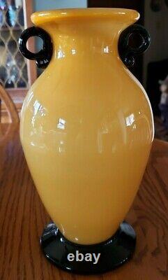 Vintage Yellow Venini Murano Glass Vase With Black Handles 10 1/4'' Tall