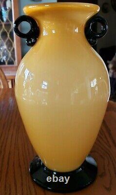 Vintage Yellow Venini Murano Glass Vase With Black Handles 10 1/4'' Tall