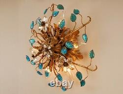 Vintage crystal florentiner ceiling fixture Flush mount lamp sunburst Italian 70