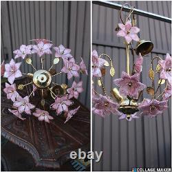 Vintage italian Murano glass flower pink brass chandelier lamp 1970s