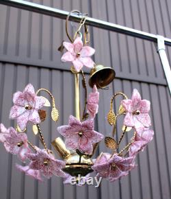 Vintage italian Murano glass flower pink brass chandelier lamp 1970s