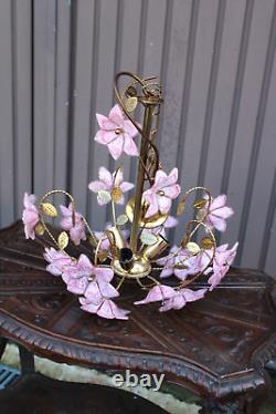 Vintage italian Murano glass flower pink brass chandelier lamp 1970s