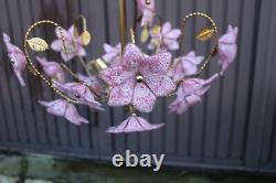 Vintage italian Murano glass flower pink brass chandelier lamp 1970s