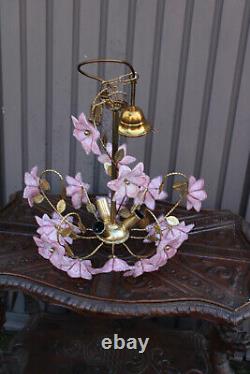 Vintage italian Murano glass flower pink brass chandelier lamp 1970s