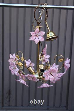 Vintage italian Murano glass flower pink brass chandelier lamp 1970s