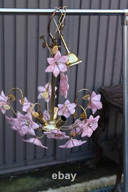 Vintage italian Murano glass flower pink brass chandelier lamp 1970s