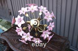 Vintage italian Murano glass flower pink brass chandelier lamp 1970s