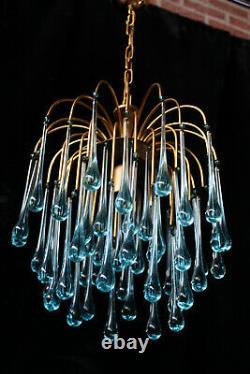 Vintage italian murano blue glass drops Chandelier pendant lamp 1970