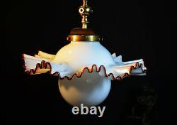 Vintage midcentury handmade Murano cased glass & brass light Opaline globe shade