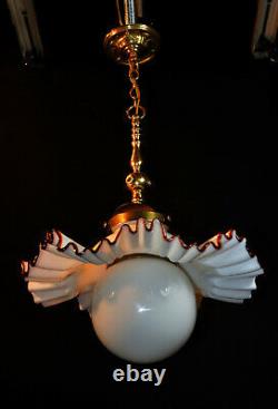 Vintage midcentury handmade Murano cased glass & brass light Opaline globe shade