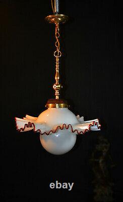 Vintage midcentury handmade Murano cased glass & brass light Opaline globe shade