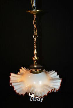 Vintage midcentury handmade Murano cased glass & brass light Opaline globe shade